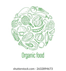 Organic food in the doodle style, a round composition of a set of vegetables. Collage of fresh farm vegetables. Environmentally friendly products. A logo, badge, or logo for packaging products.