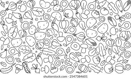 Organic Food Doodle Vector Background. A hand-drawn vector set featuring a variety vegetables. Perfect for eco-themed designs, menus, or recipe illustrations.