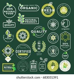 Organic food and drink icons and elements set. Vector illustrations for restaurant, food market, e-commerce, organic products promotion, healthy life and premium quality food and drink. 