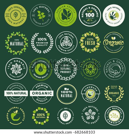 Organic food and drink labels and elements set. Vector illustrations for restaurant, food market, e-commerce, organic products promotion, healthy life and premium quality food and drink. 