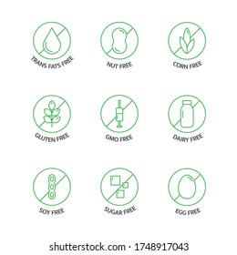 Organic food and drink stickers. Product free allergen line icons. Food intolerance. Natural products green labels. Food dietary. Healthy eating. GMO free emblems. Vegan, bio. Vector illustration.