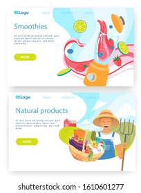 Organic food and drinks, farmer hold basket with vegetables, smoothie in blender. Vector web site design template. Landing page website concept illustration.
