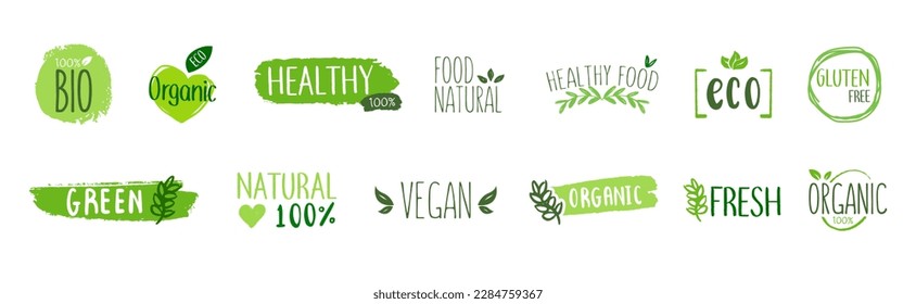 Organic food, eco, vegan and natural product icons and elements set for food market, ecommerce, organic products packaging, healthy life promotion, restaurant Hand drawn vector design elements vector