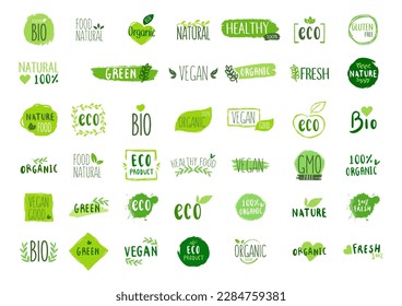 Organic food, eco, vegan and natural product icons and elements set for food market, ecommerce, organic products packaging, healthy life promotion, restaurant Hand drawn vector design elements vector