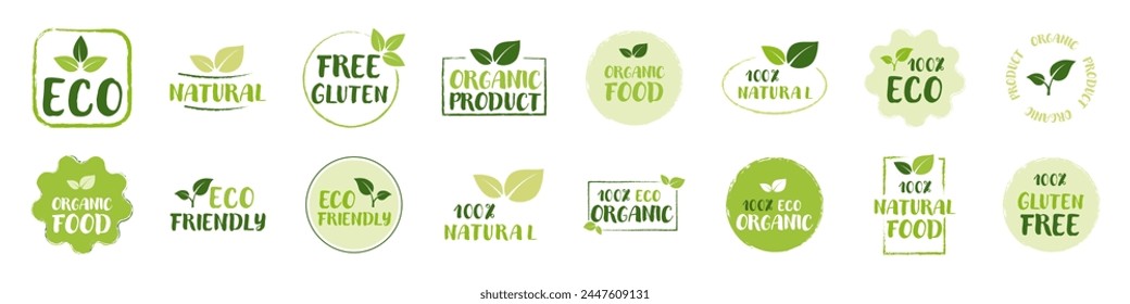 Organic food. Organic food elements or label. Set of Eco, Free gluten, Natural 100%, Eco Friendly, Organic product