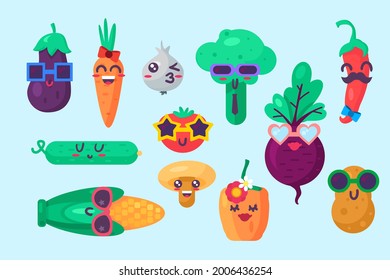 Organic food emoji emotion collection set vector. Chilli and pepper, cucumber and mushroom, corn and tomato, garlic and potato, carrot and turnip. Comic cute emoticon flat illustration