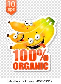 ORGANIC food exotic fruit label with fun cute yellow bananas. Red text. Vector illustration
