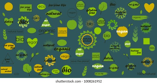 Organic food, farm fresh and natural product icons and elements collection for food market, ecommerce, organic products promotion, healthy life and premium quality food and drink.