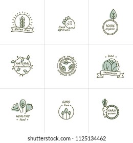 Organic food, farm fresh and natural product icons and elements collection for food market, ecommerce, organic products promotion, healthy life and premium quality food and drink