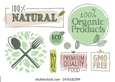 Organic food, farm fresh and natural products labels and badges collection. Vector illustration for food market, e-commerce, restaurant, healthy life and premium quality food and drink promotion.