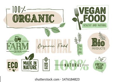 Organic food, farm fresh and natural products signs and elements collection. Vector illustration for food market, e-commerce, restaurant, healthy life and premium quality food and drink promotion.