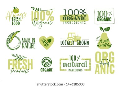 Organic food, farm fresh and natural products signs and labels collection. Vector illustration for food market, e-commerce, restaurant, healthy life and premium quality food and drink promotion.