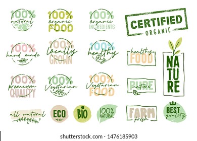 Organic food, farm fresh and natural products signs collection. Vector illustration for food market, e-commerce, restaurant, healthy life and premium quality food and drink promotion.