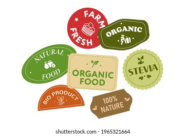 Organic Food, Farm Fresh and Natural Product stickers. Text patch stickers.  Labels and Elements. Collection for food market, ecommerce. Stevia. Healthy life. Restaurants products packaging