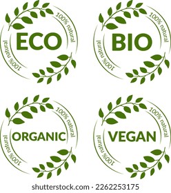 Organic food, farm fresh and natural product stickers and badges collection. Vector illustration for food market, e-commerce, restaurant, healthy life and premium quality food and drink promotion.