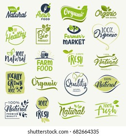 Organic food, farm fresh and natural product signs collection for food market, ecommerce, organic products promotion, healthy life and premium quality food and drink.