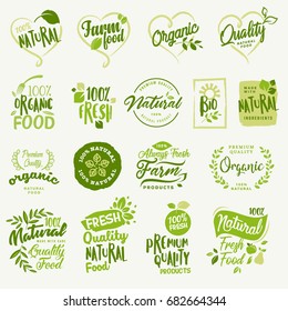 Organic food, farm fresh and natural product stickers and labels collection for food market, ecommerce, organic products promotion, healthy life and premium quality food and drink.