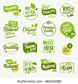 Organic food, farm fresh and natural product stickers and badges collection for food market, ecommerce, organic products promotion, healthy life and premium quality food and drink.