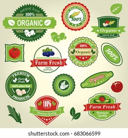 Organic food, farm fresh and natural product stickers and badges collection for food market, ecommerce, organic products promotion, healthy life and premium quality food and drink.