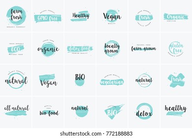 Organic food, farm fresh and natural product icons and elements collection for food market, ecommerce, organic products promotion, healthy life and premium quality food and drink