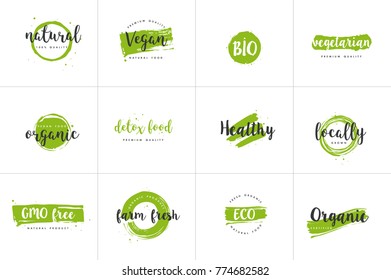 Organic food, farm fresh and natural product icons and elements collection for food market, ecommerce, organic products promotion, healthy life and premium quality food and drink