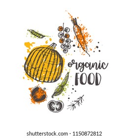 Organic food. Farm product concept design. Hand drawn vector illustration with vegetables. Can be used for farmers market, shop, street festival, poster, banner, sticker, logo, label, emblem.