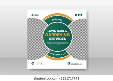 Organic food farming or lawn care and garden service social media post design template for multipurpose use with green gradient and yellow color or modern shape on white background