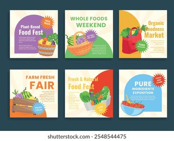 Organic food festival fruit vegetable market social media post design template set isometric vector illustration. Natural farm harvest fest healthy nutritious fair pure ingredient exposition