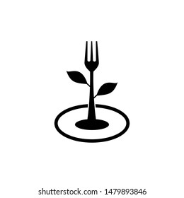 Organic food with fork, leaf and circle logo design. Healthy, nature, nutrition, vitamin symbol for food or medical business
