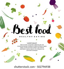 Organic food. Fresh vegetables, background for menu or poster. Cabbage, pepper, tomato, eggplant onions Chile corn