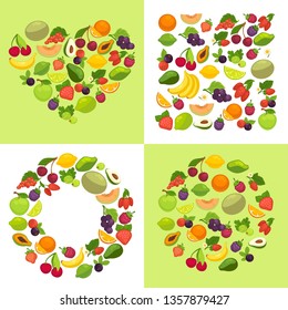 Organic food fruit and berries shape emblem template vector cherry and melon strawberry and avocado papaya and grapes orange and lime banana and red currant lemon and blackberry vitamins orchard