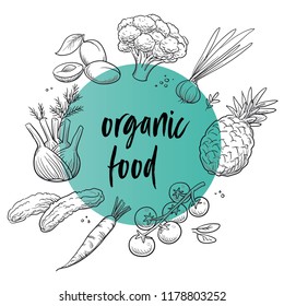 Organic food fruits and vegetables badge or sign, line drawing on colorful transparent circle. With pineapple, plums, tomatoes, cucumber, carrot and broccoli. Hand drawn doodle vector illustration.