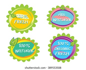 Organic food funny headliners  - set vector hand drawn sticker labels - eco bio healthy food logo label templates with leaf. As stickers, tags, company branding element. Childish organic food badges.
