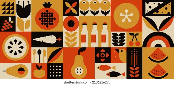 Fondo de mosaico geométrico de comida orgánica. Patrón vegetal de frutas naturales simple estilo baudihaus suizo. Ilustración del vector