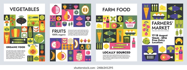 Organic food geometric mosaic poster. Farmers market invitation, vegetables, fruits and locally sourced farm food advertisement with geometric icons vector illustration. Bauhaus Scandinavian tiles.