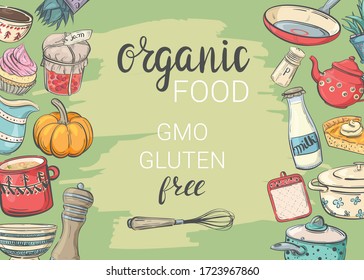 Organic food GMO gluten free. Banner with cooking utensils and food
