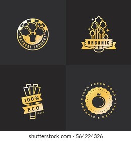 Organic food gold logo vintage vector set. Hipster and retro style. Part six.