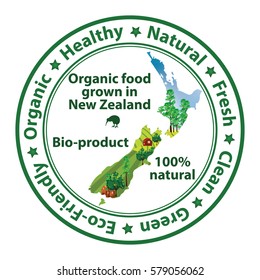 Organic food grown in New Zealand, Bio product, 100% Natural - food stamp with the map of New Zealand. Print colors used