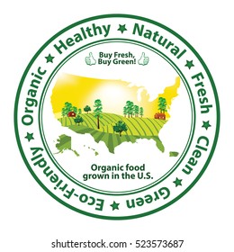 Organic Food grown in the U.S - stamp with the map of United States of America. Print colors used