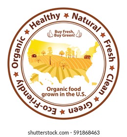Organic Food grown in the U.S - stamp with the map of United States of America. Print colors used