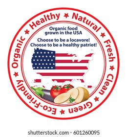 Organic Food grown in the U.S - stamp with the map and flag of United States of America. Print colors used