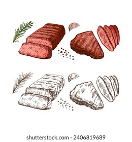 Bio-Lebensmittel. Handgezeichnete, farbige Vektorgrafik von gegrillten Rindfleischsteaks, Fleischstücken mit Rosmarin und Knoblauch. Vintage-Illustration. Dekorationen für das Menü. Bildgravur.