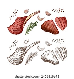 Organic food. Hand drawn colored vector sketch of grilled beef steak, piece of meat on the bone with rosemary and garlic. Decorations for menu. Engraved image.