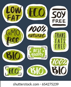 Organic food hand drawn labels set vector illustration. Vegetarian, gmo free, fresh and natural, vegan, soy free, healthy diet, lifestyle, low fat food, organic products, bio and eco nutrition concept