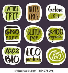Organic food hand drawn labels set vector illustration. Vegetarian, gmo free, fresh and natural, lactose free, vegan, raw food, gluten free, healthy lifestyle, nuts free, bio and eco nutrition concept