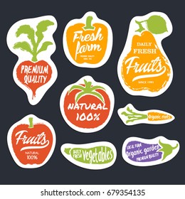 Organic food hand drawn labels set vector illustration. Tomato, peppers, pears, eggplant, carrots, radishes. Fresh farm, premium quality, organic garden, natural fruits and vegetables, healthy diet.