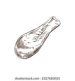 Organic food. Hand drawn vector sketch  of  fried chicken leg, food meat.  Doodle vintage illustration. Decorations for the menu of cafes and labels. Engraved immage.  