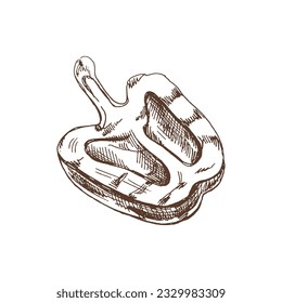 Organic food. Hand drawn vector sketch of half grilled bell pepper. Doodle vintage illustration. Decorations for the menu of cafes and labels. Engraved immage.