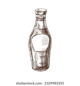 Organic food. Hand drawn vector sketch of glass bottle with sauce, ketchup. Doodle vintage illustration. Decorations for the menu of cafes and labels. Engraved immage.