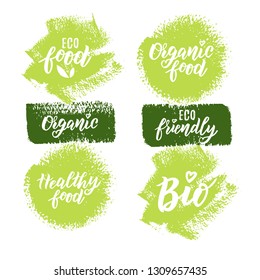 Organic food hand lettering set for logo or label. Element for design menu restaurant or café. Typography vector illustration.